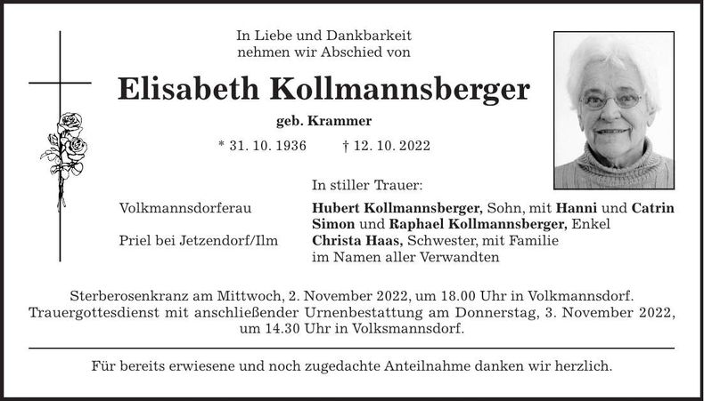 Traueranzeige Elisabeth Kollmannsberger
