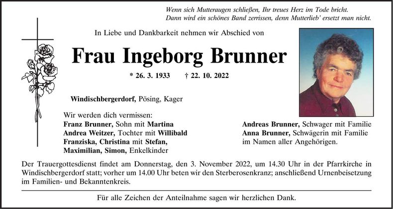 Traueranzeige Ingeborg Brunner