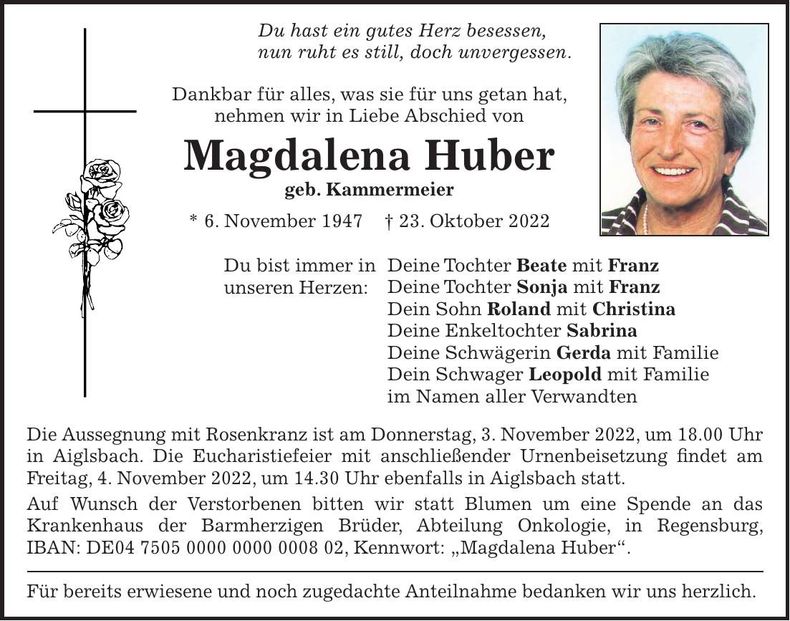 Traueranzeige Magdalena Huber