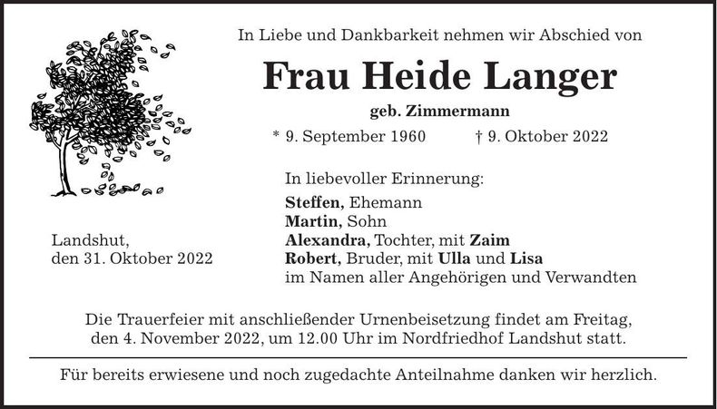 Traueranzeige Heidi Langer