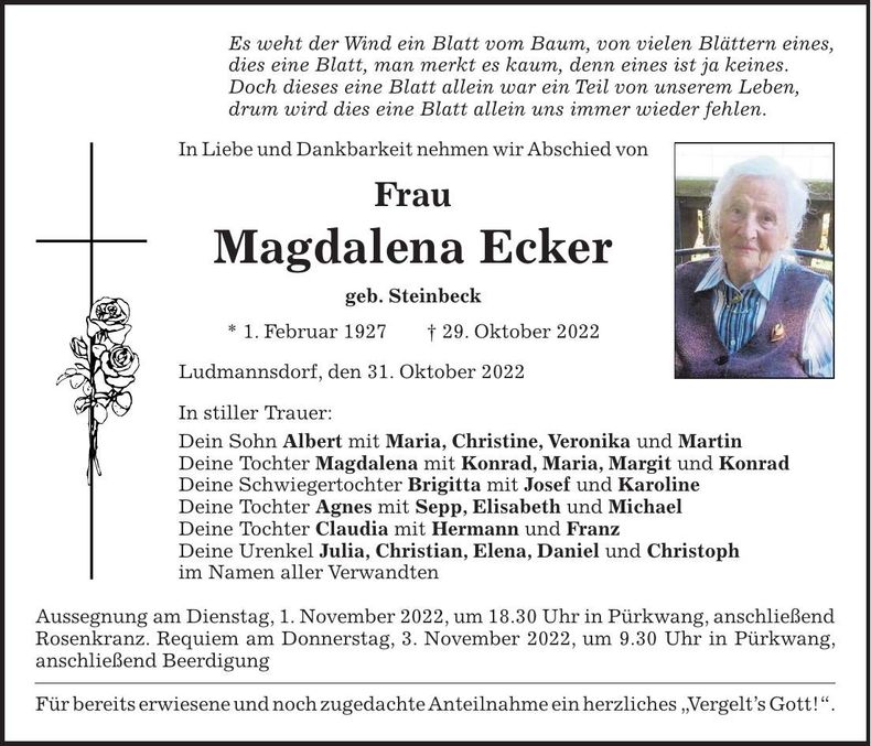 Traueranzeige Magdalena Ecker
