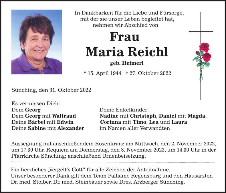 Traueranzeige Maria Reichl
