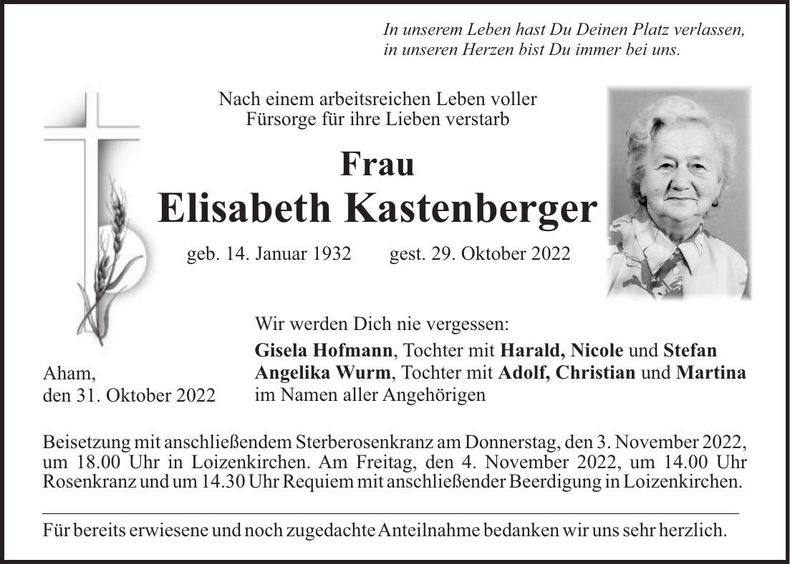 Traueranzeige Elisabeth Kastenberger