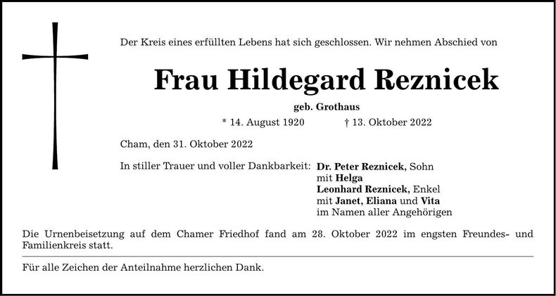 Traueranzeige Hildegard Reznicek