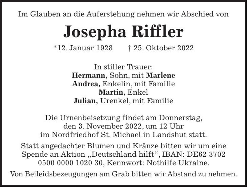 Traueranzeige Josepha Riffler