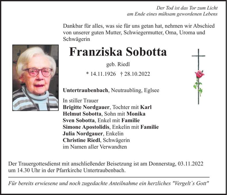 Traueranzeige Franziska Sobotta