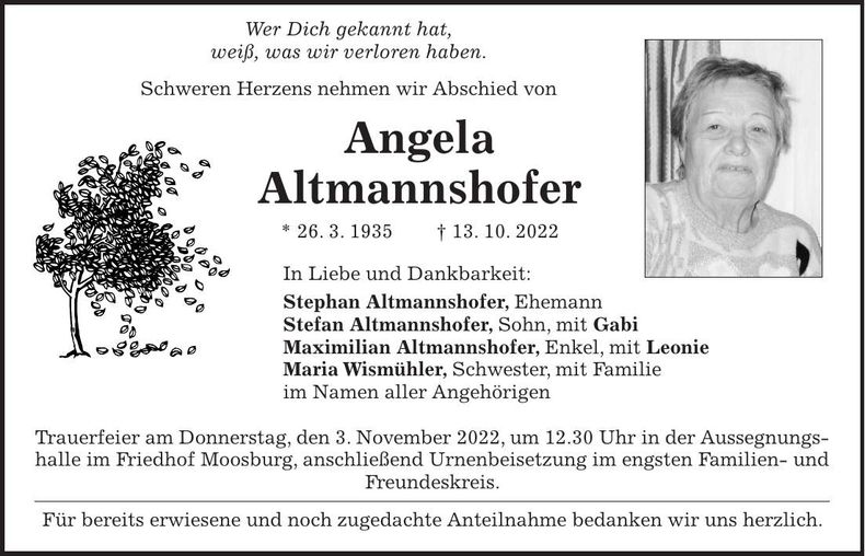 Traueranzeige Angela Altmannshofer