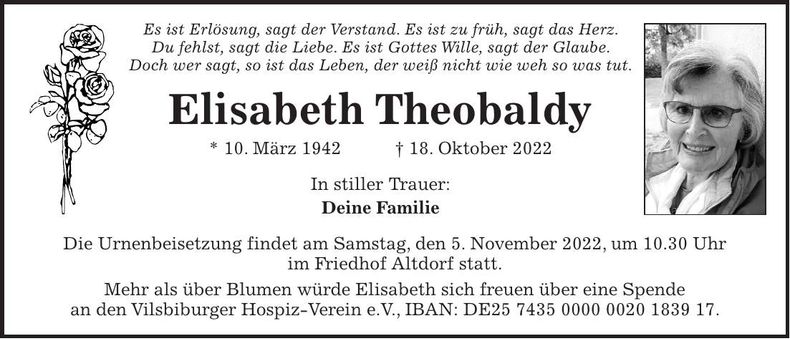 Traueranzeige Elisabeth Theobaldy