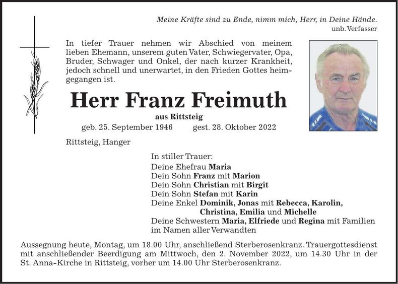 Traueranzeige Franz Freimuth