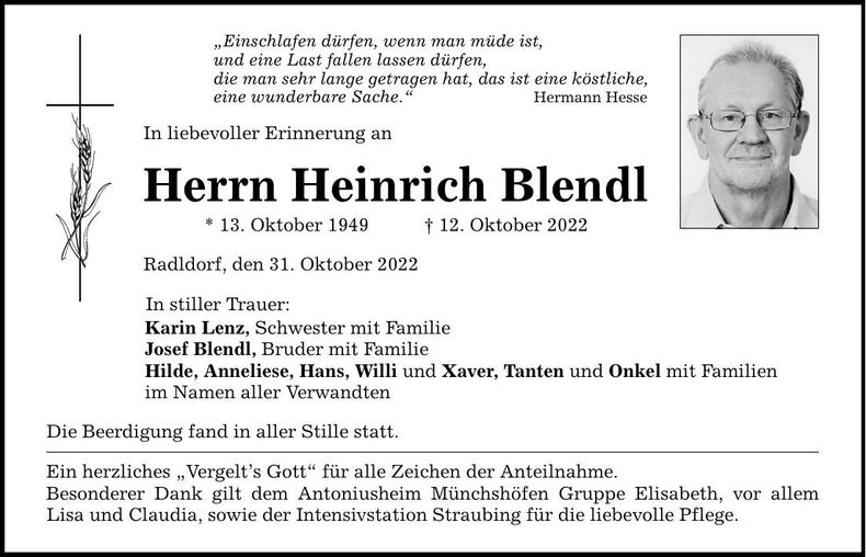 Traueranzeige Heinrich Blendl
