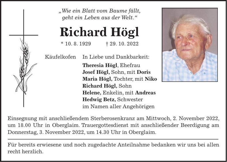 Traueranzeige Richard Högl