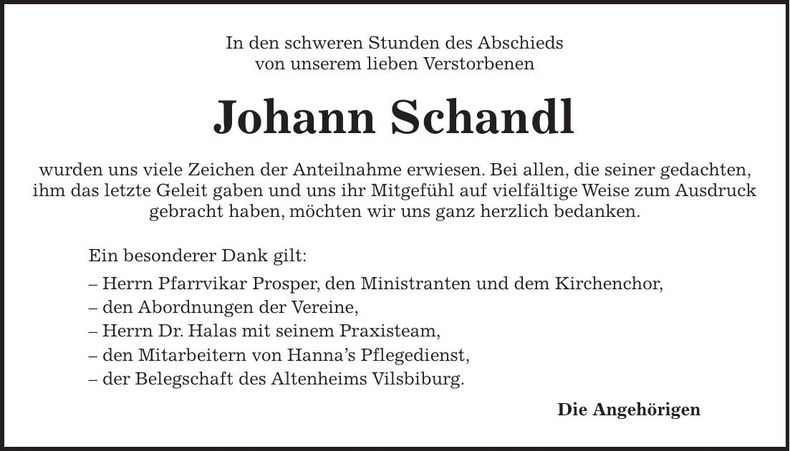 Traueranzeige Johann Schandl
