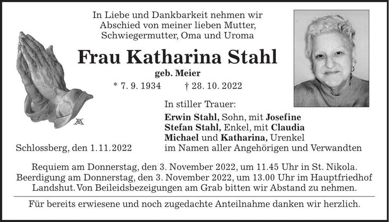 Traueranzeige Katharina Stahl
