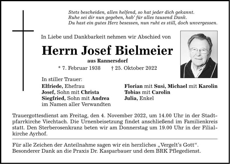 Traueranzeige Josef Bielmeier