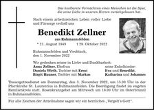 Traueranzeige Benedikt Zellner