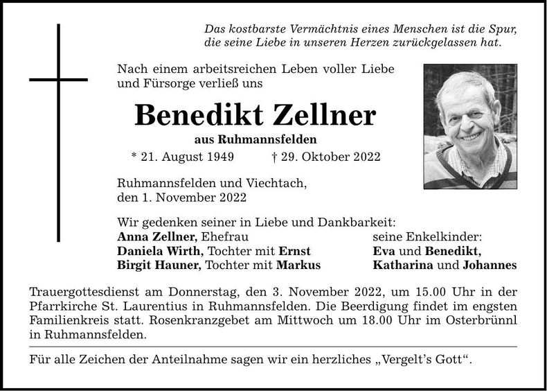 Traueranzeige Benedikt Zellner