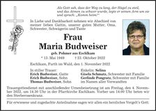 Traueranzeige Maria Budweiser