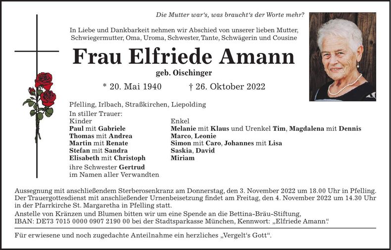 Traueranzeige Elfriede Amann