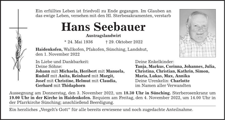 Traueranzeige Johann Seebauer