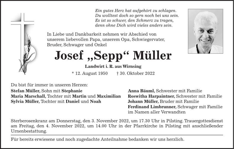 Traueranzeige Josef Müller