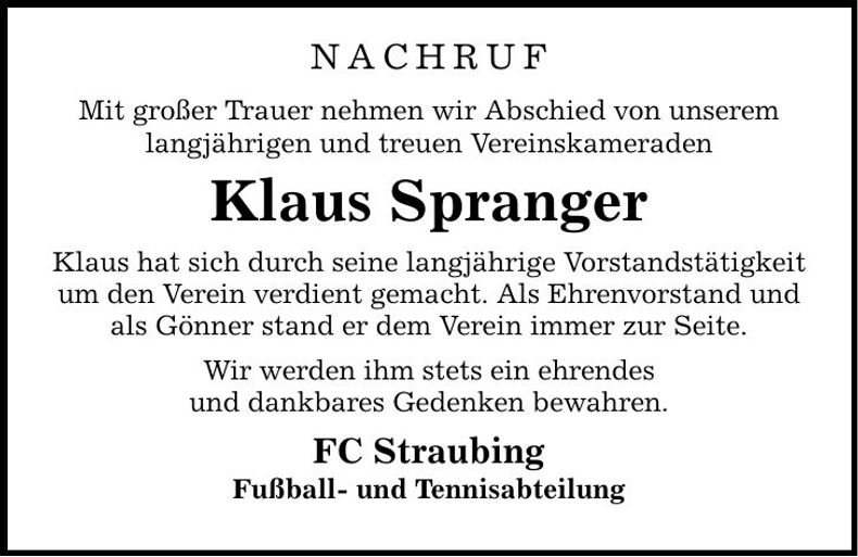 Traueranzeige Klaus Spranger