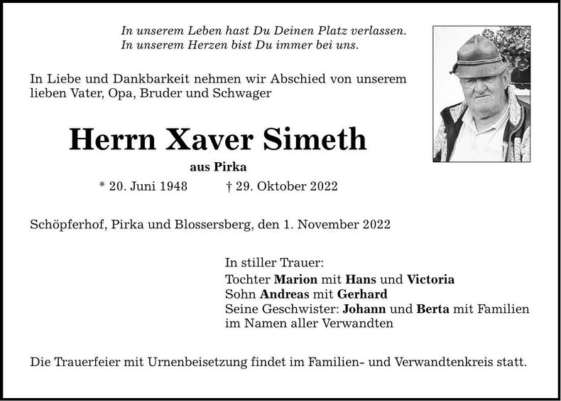 Traueranzeige Xaver Simeth