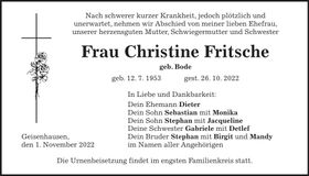 Traueranzeige Christine Fritsche