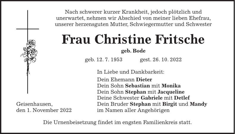 Traueranzeige Christine Fritsche