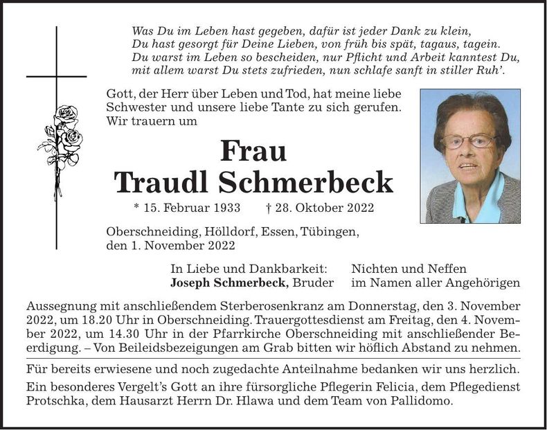 Traueranzeige Traudl Schmerbeck