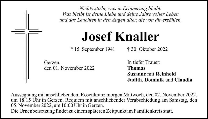 Traueranzeige Josef Knaller