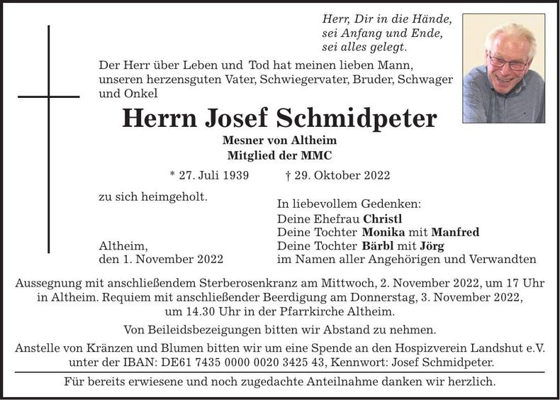 Traueranzeige Josef Schmidpeter