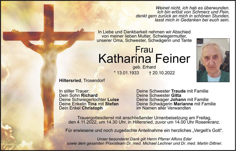 Traueranzeige Katharina Feiner