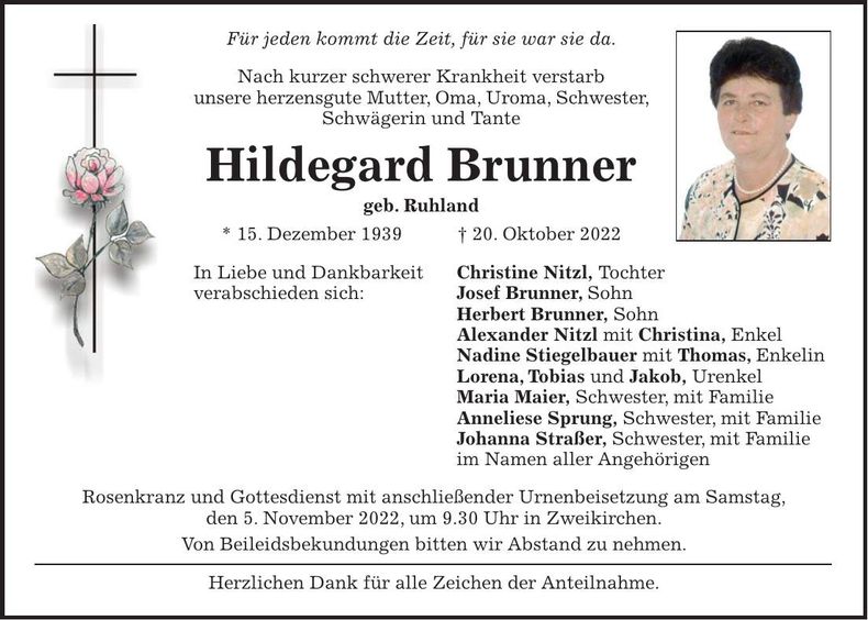 Traueranzeige Hildegard Brunner