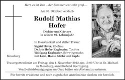 Traueranzeige Rudolf Mathias Hofer