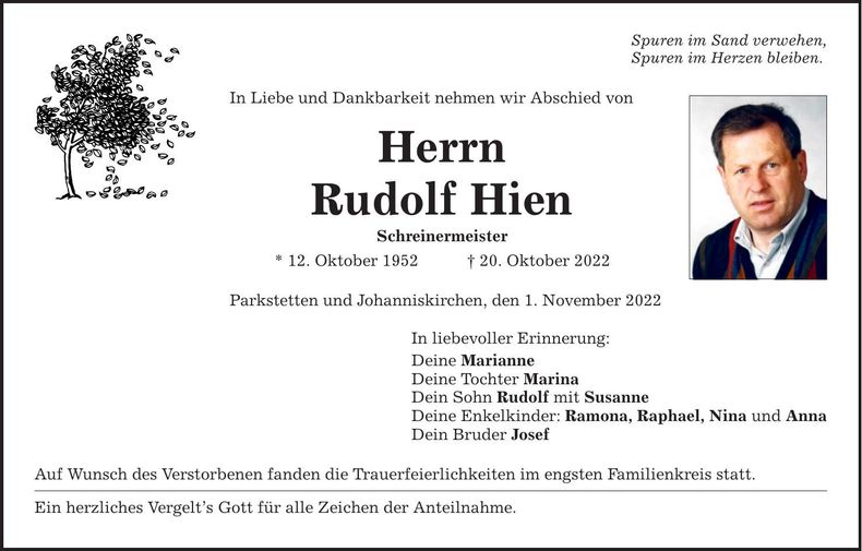 Traueranzeige Rudolf Hien