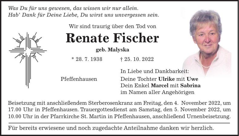 Traueranzeige Renate Fischer