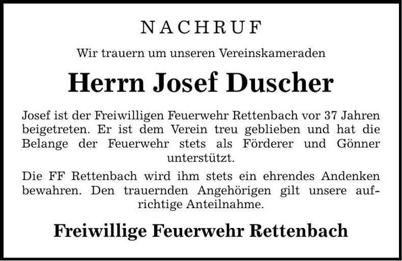 Traueranzeige Josef Duscher