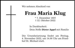 Traueranzeige Maria Klug