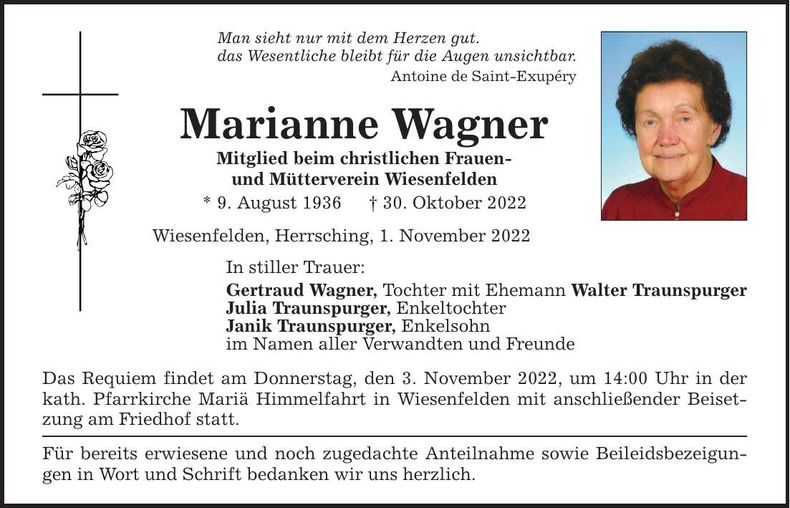 Traueranzeige Marianne Wagner