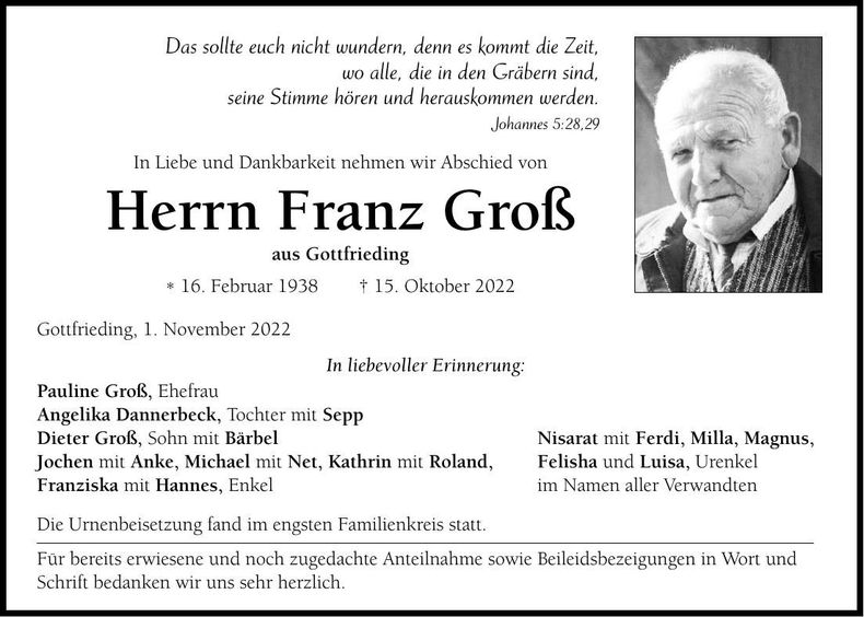 Traueranzeige Franz Groß
