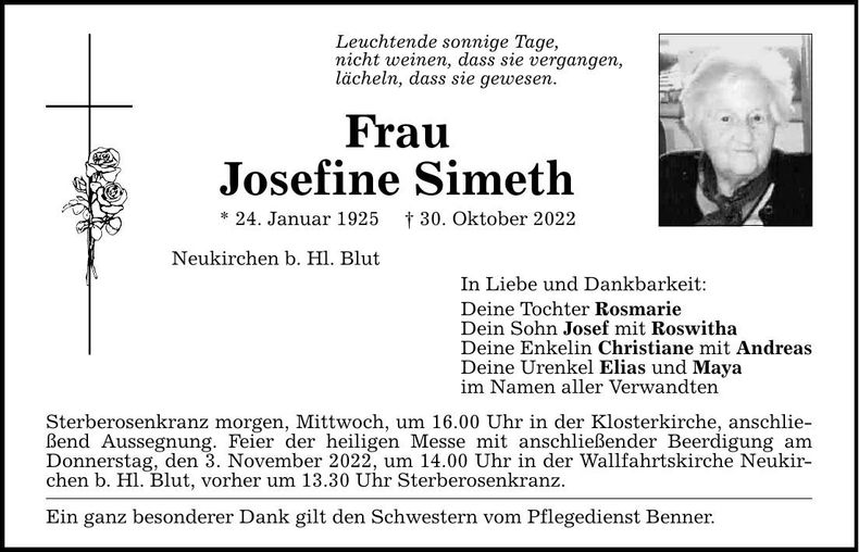 Traueranzeige Josefine Simeth