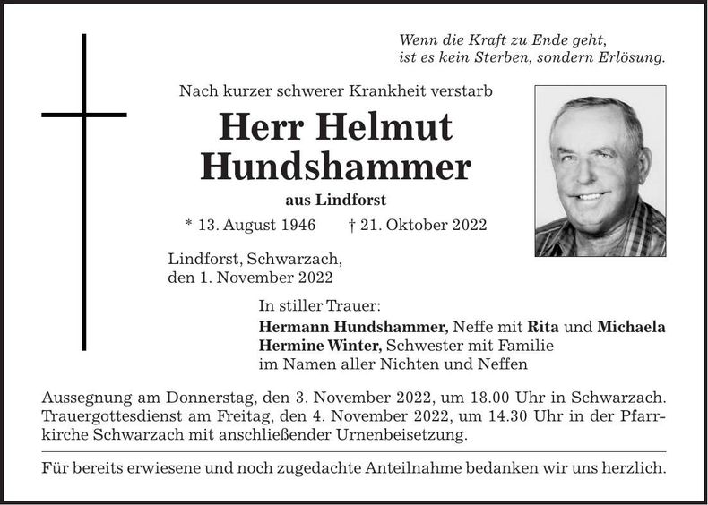 Traueranzeige Helmut Hundshammer