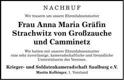 Traueranzeige Anna Maria Gräfin Strachwitz von Großzauche und Camminetz