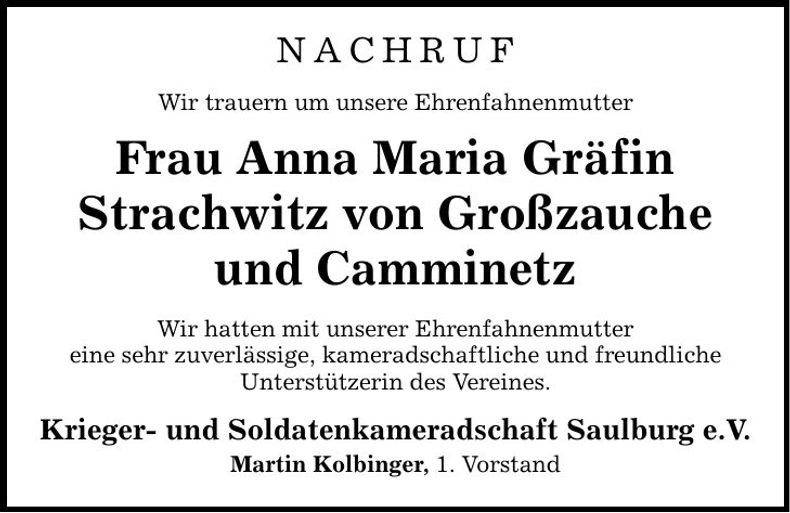 Traueranzeige Anna Maria Gräfin Strachwitz von Großzauche und Camminetz