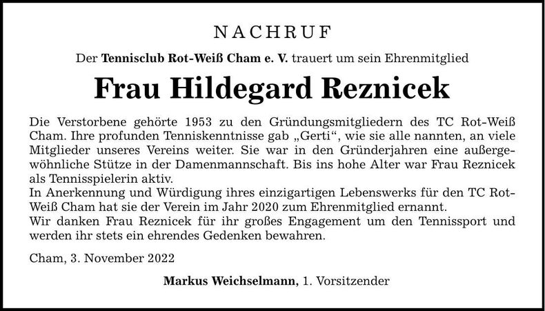 Traueranzeige Hildegard Reznicek