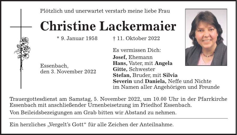 Traueranzeige Christine Lackermaier