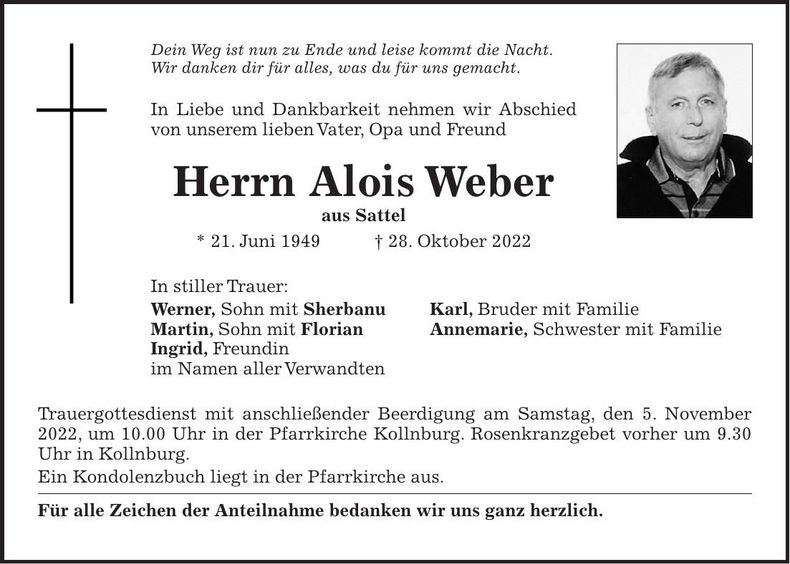 Traueranzeige Alois Weber