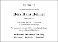 Traueranzeige Hans Helmel
