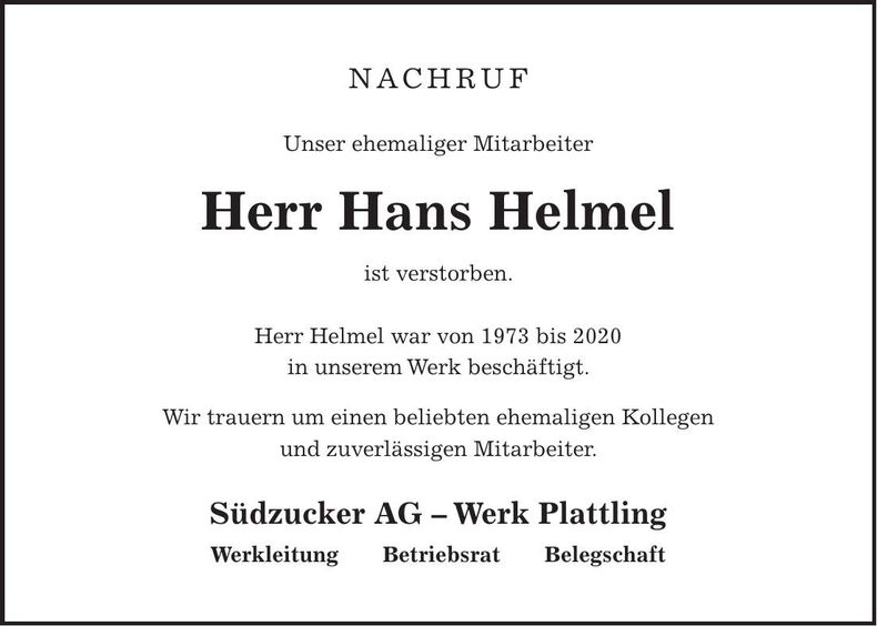 Traueranzeige Hans Helmel