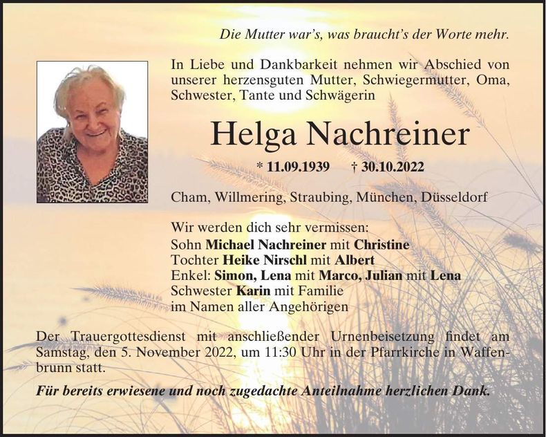 Traueranzeige Helga Nachreiner